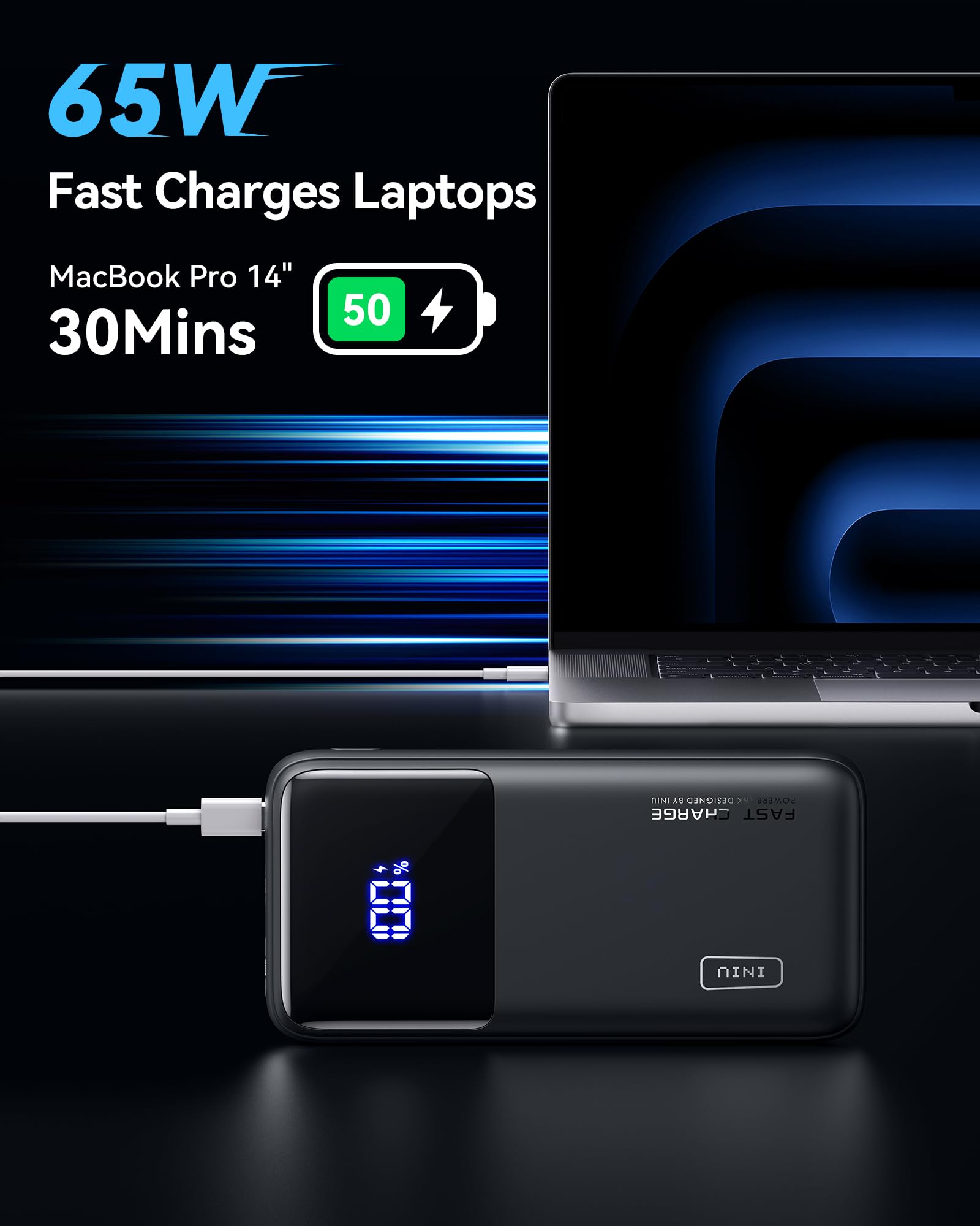 INIU Portable Charger, 20000mAh 65W Compact USB C Laptop Power Bank, PD QC Fast Charging 3-Output Battery Pack, Travel Charger for Laptop MacBook iPad Tablet Steam Deck iPhone 17 16 15 14 Samsung S24