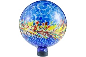 VOREEN 10-Inch Glass Gazing Ball, Outdoor Gazing Globe, Handmade Reflective Ball Yard Decoration for Homes, Patio, Lawn and Gardens, Gift for Mom Wife Friend, Phoenix Tail Design, Blue