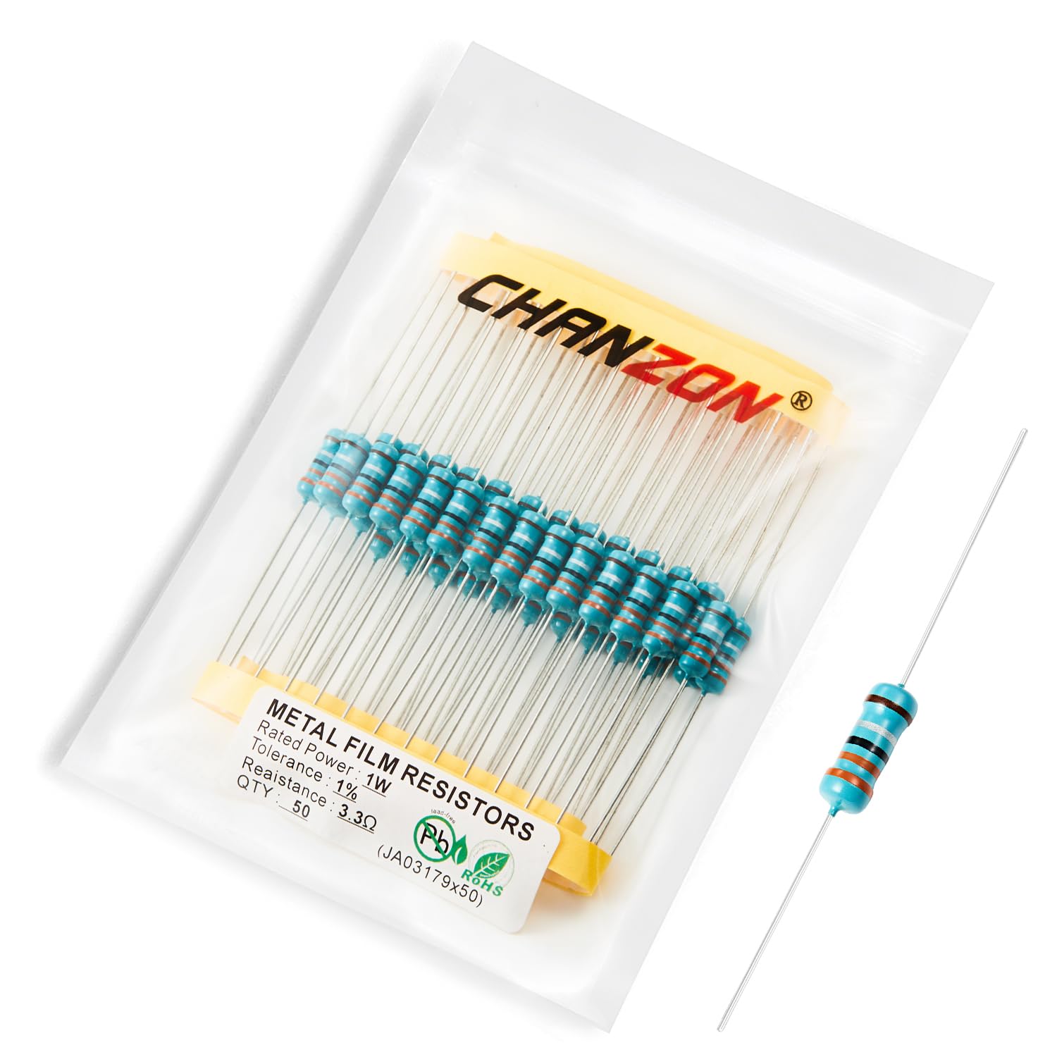 Photo 1 of Chanzon 50pcs 1W 3.3? ohm Metal Film Fixed Resistor 0.01 ±1% Tolerance 3.3 R MF Through Hole Resistors Current Limiting Rohs Certificated