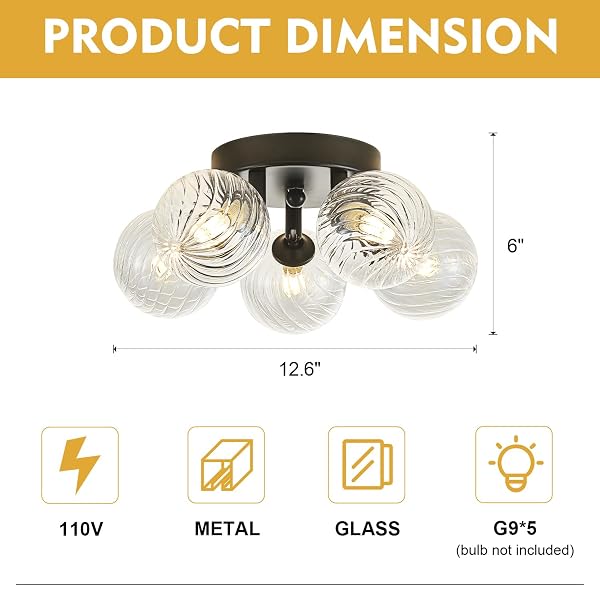 BRFAIXLA 5 LIGHTS SEMI FLUSH MOUNT CEILING BUBBLE LIGHT FIXTURE DIA 12.6″ BLACK CLOSE TO CEILING LIGHT MODERN SWIRLED CLEAR RIBBED BLOWN GLASS BALL CHANDELIER FOR HALLWAY ENTRYWAY KITCHEN DINING ROOM