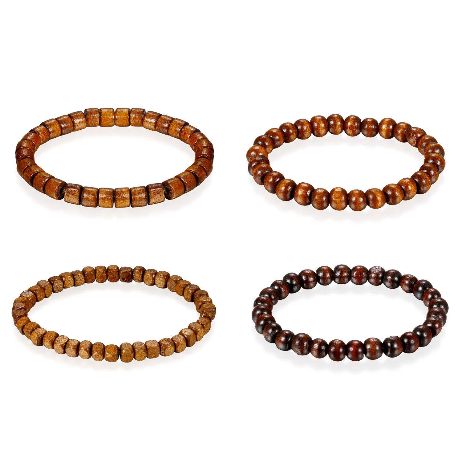 Flongo Mens Womens Unisex 4PCS Bracelet Set, Wooden Bead Mantra Buddhist Link Wrist Bracelet Elastic