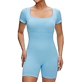 NANJI Rompers for Women - Short Sleeve Square Neck Ribbed Seamless Bodycon One Piece Jumpsuit, Casual Summer Yoga Workout Gym