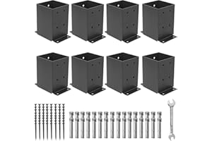 Nrspp 4x4 Post Base 8 Pcs,（Inner Size3.6"x3.6"） Wood Fence Pergola Post Bracket, Black Powder Coated Post Anchor,Deck Post Base Support Base Plate Pergola Brackets Fence Kit…