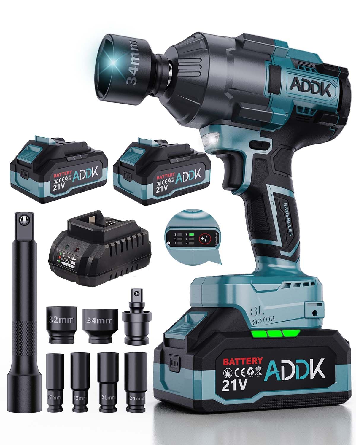 ADWOLT 1600N.M Akku Schlagschrauber 21V 2x4.0Ah Batteries Bürstenloser 6-Gang-Getriebe 2600RPM Drehschlagschrauber, Elektrischer Schlagschrauber für LKW Auto Reifenwechsel