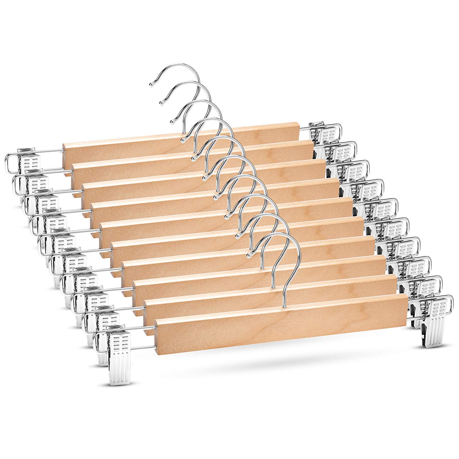 Premium Wooden Trouser Hanger & Skirt Hangers With Clips (10 Pack