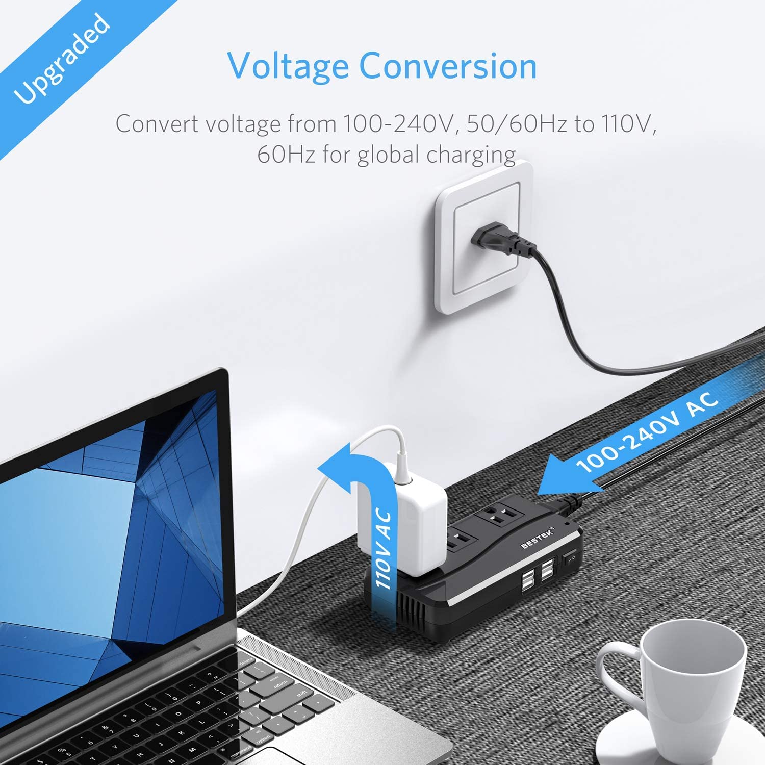 BESTEK Universal Travel Adapter 220V to 110V Voltage Converter with 6A 4-Port USB Charging and UK/AU/US/EU Worldwide Plug Adapter (Black)