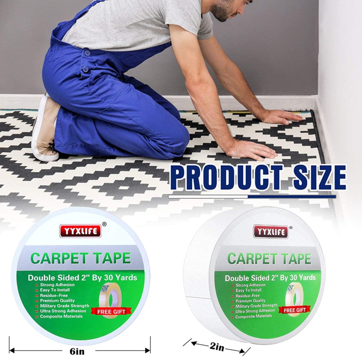 YYXLIFE Rug Tape Double Sided Carpet Heavy Duty Tape Carpet Adhesive Rug Gripper Removable Multi-Purpose Tape Cloth For Area Rugs, Outdoor Rugs, Carpets.Tape Carpet Adhesive, 2 Inch X 30 Yards, White - - 