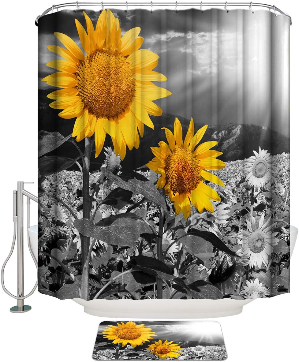 Shower Curtain Set with Bath Rug, Sunflower Field All Black
