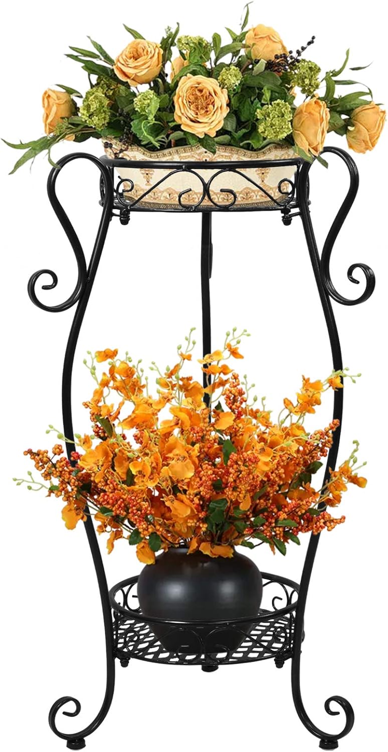 Winiko Metal Plant Stand, Plant Shelf | 2-Tier Plant Flower Stand Stand Corner Plant Stand for Outdoor Indoor Garden Terrace Living Room (1, Black)
