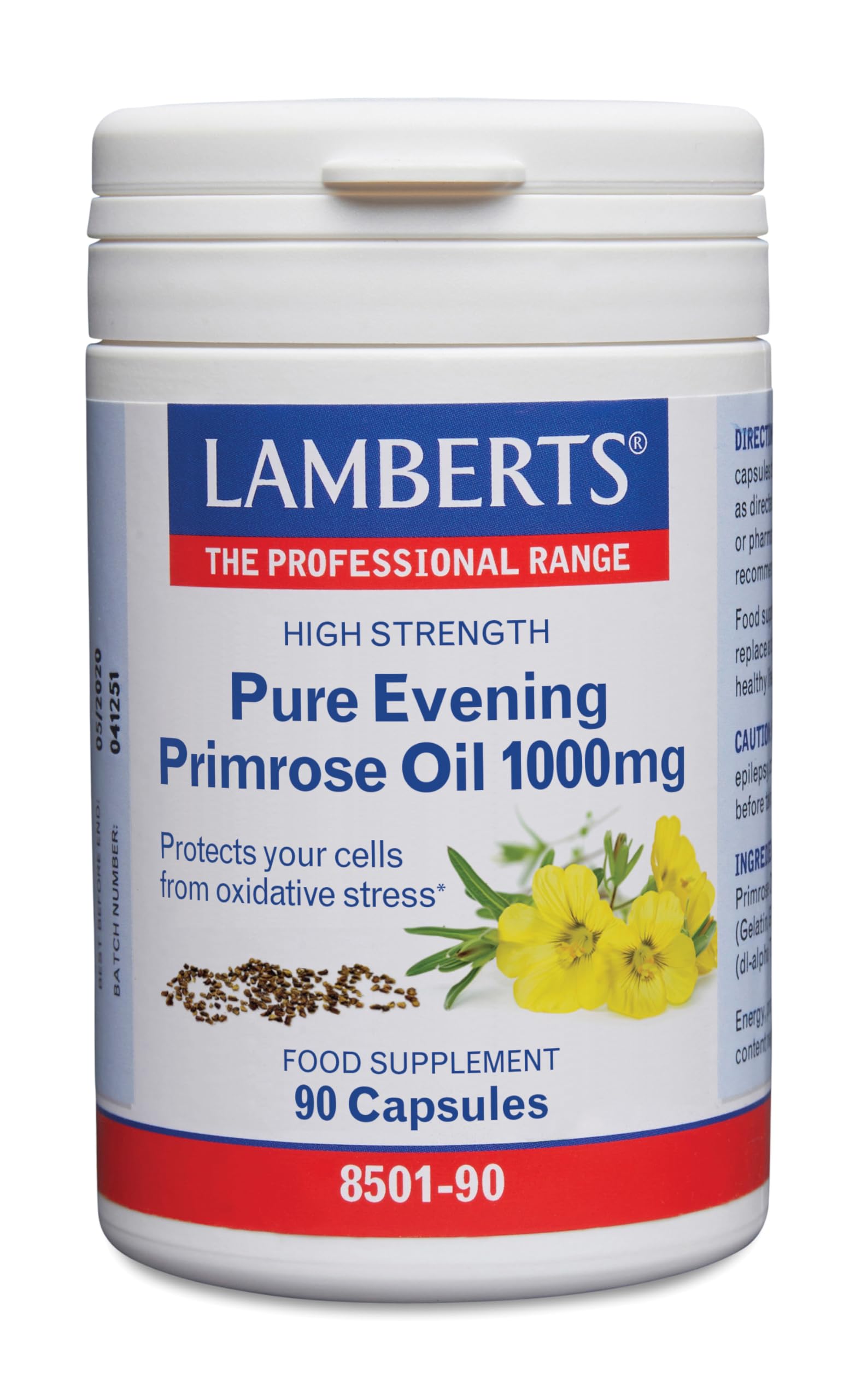 Lamberts Pure Evening Primrose Oil 1000mg – High Strength GLA Source with Vitamin E – Omega 6 Supplement – 90 Capsules