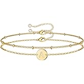 MONOZO Gold Initial Bracelets for Women Girls - Dainty 14K Gold Plated Layered Beaded Letter Initial Bracelet 26 Alphabet Disc Monogram Charm Bracelet Jewelry Gifts for Her