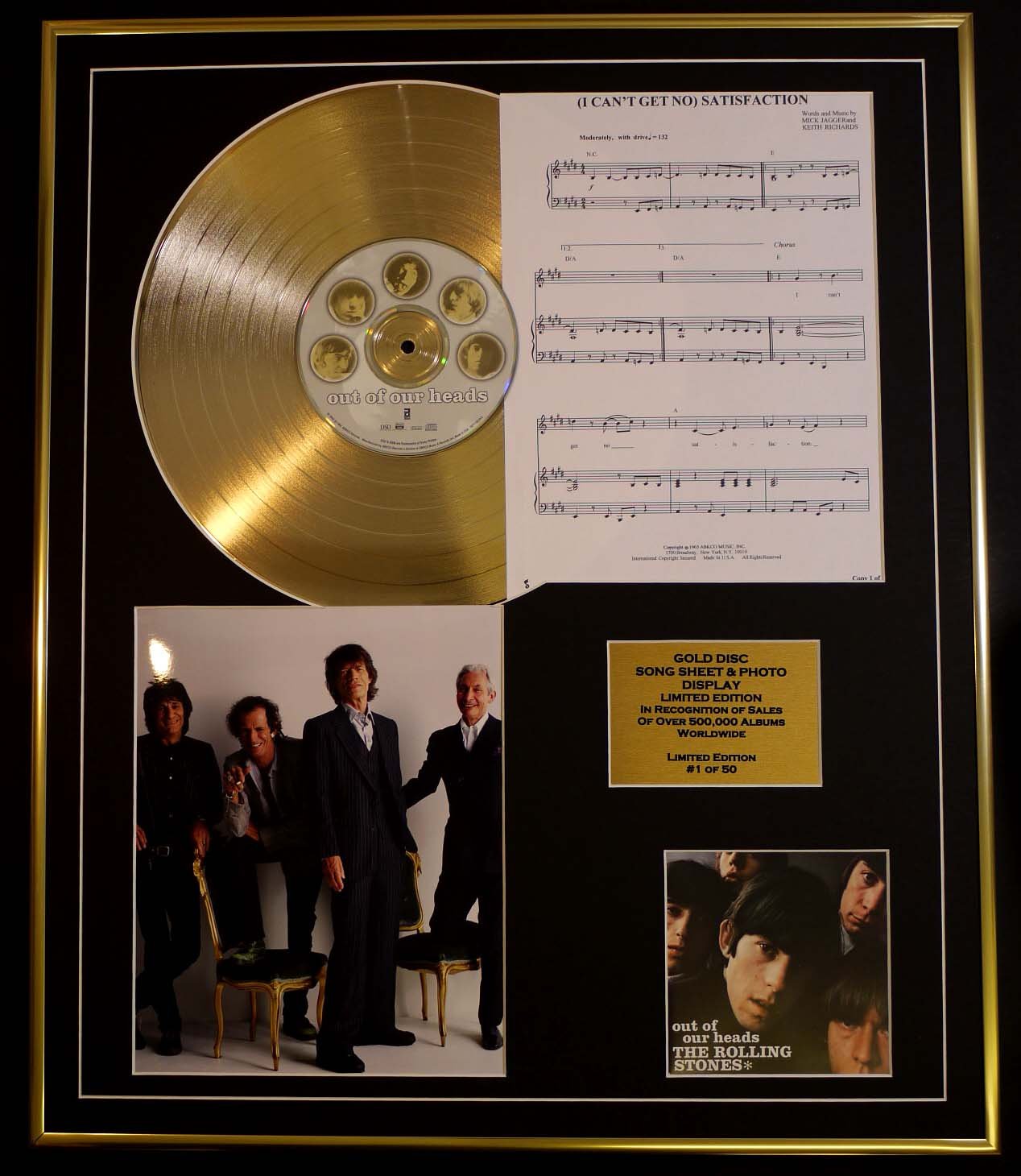 ROLLING STONES/CD GOLD DISC, SONG SHEET & PHOTO DISPLAY/LTD. EDITION/COA/ALBUM, OUT OF OUR HEAD/SONG SHEET, (I CAN'T GET MY) SATIFACTION