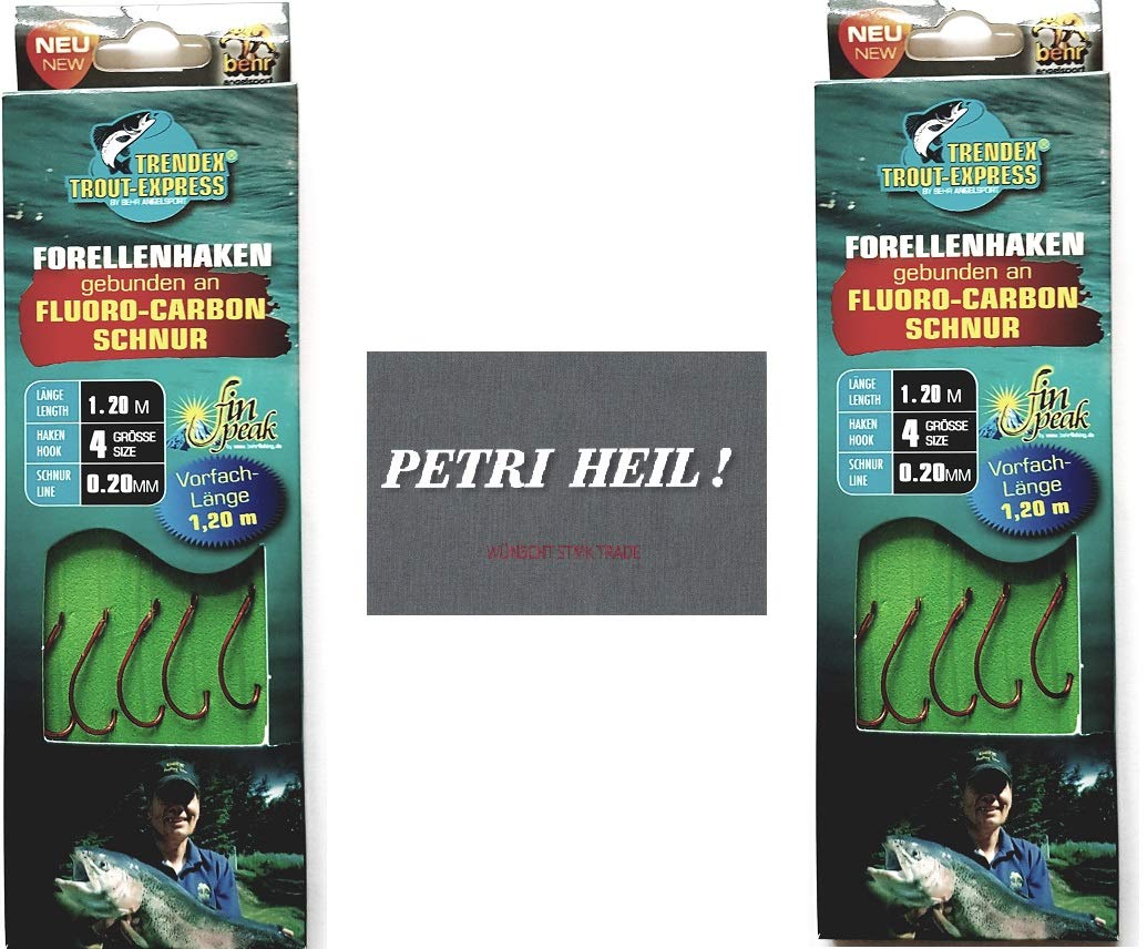 .Behr set: 2 packs of tied trout hooks (10 pieces) on fluoro-carbon cord, hook size 4 + free Petri Heill! Sticker.