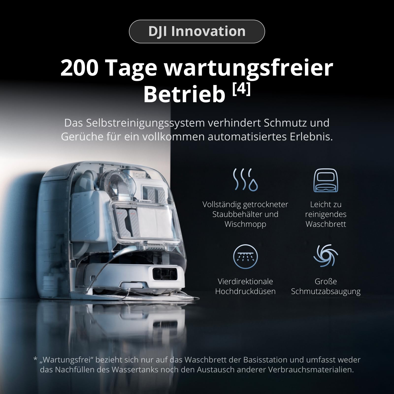 DJI ROMO P Saugroboter mit Wischfunktion, 25.000 Pa Saugkraft, Hinderniserkennung auf Drohnen-Niveau, Anti-Verwicklungsbürste, Selbstreinigende Basisstation, 200 Tage wartungsfrei, Transparent 6