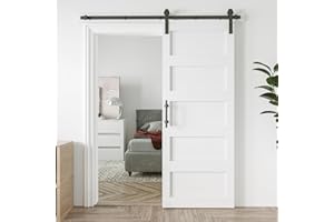 COSHOMER 32in x 84in Sliding Barn Door with 6ft Barn Door Hardware Kit & Handle, Pre-Drilled Holes Easy Assembly -Solid Barn Door Slab Covered with Water-Proof PVC Surface, White, 5 Panel