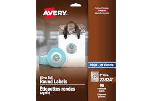 Avery Embossed Round Silver Labels for Inkjet Printers, 2" Diameter, Silver Foil, Round, 96 Labels, Permanent (22824)