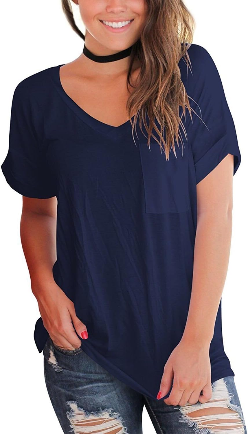 Women’s Short Sleeve V Neck T Shirts Casual Loose Plain Basic Tee Tops Blouse Pocket
