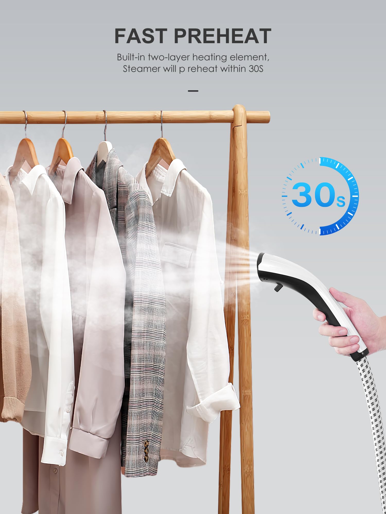 Professional Steamer for Clothes, Reemix Standing Steamer with Garment Hanger, Heats in 30 Seconds, Large Detachable Water Tank for 1 Hour Continuous Steaming, Includes Fabric Brush, Easy-roll Wheels