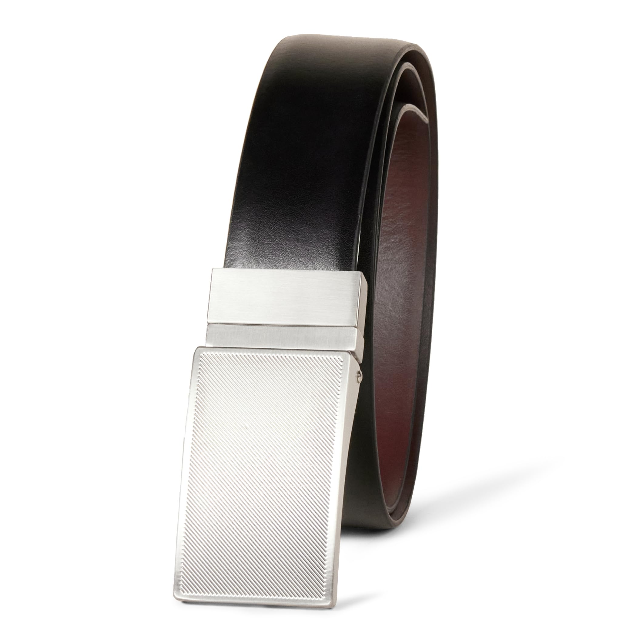 Photo 1 of Amazon Essentials Men's Leather Reversible Plaque Dress Belt, Black/Chestnut Brown, 32