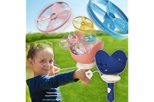 Happitry Outdoor Flying Disc Launcher Toys for Kids Ages 4-8, Fun Outside Game for Boys 4-6 5-7 6-8 Birthday Gifts, String Helicopter Active Toy for Ages 3-5 Girls Toddler, 2-Pack Saucer Playset