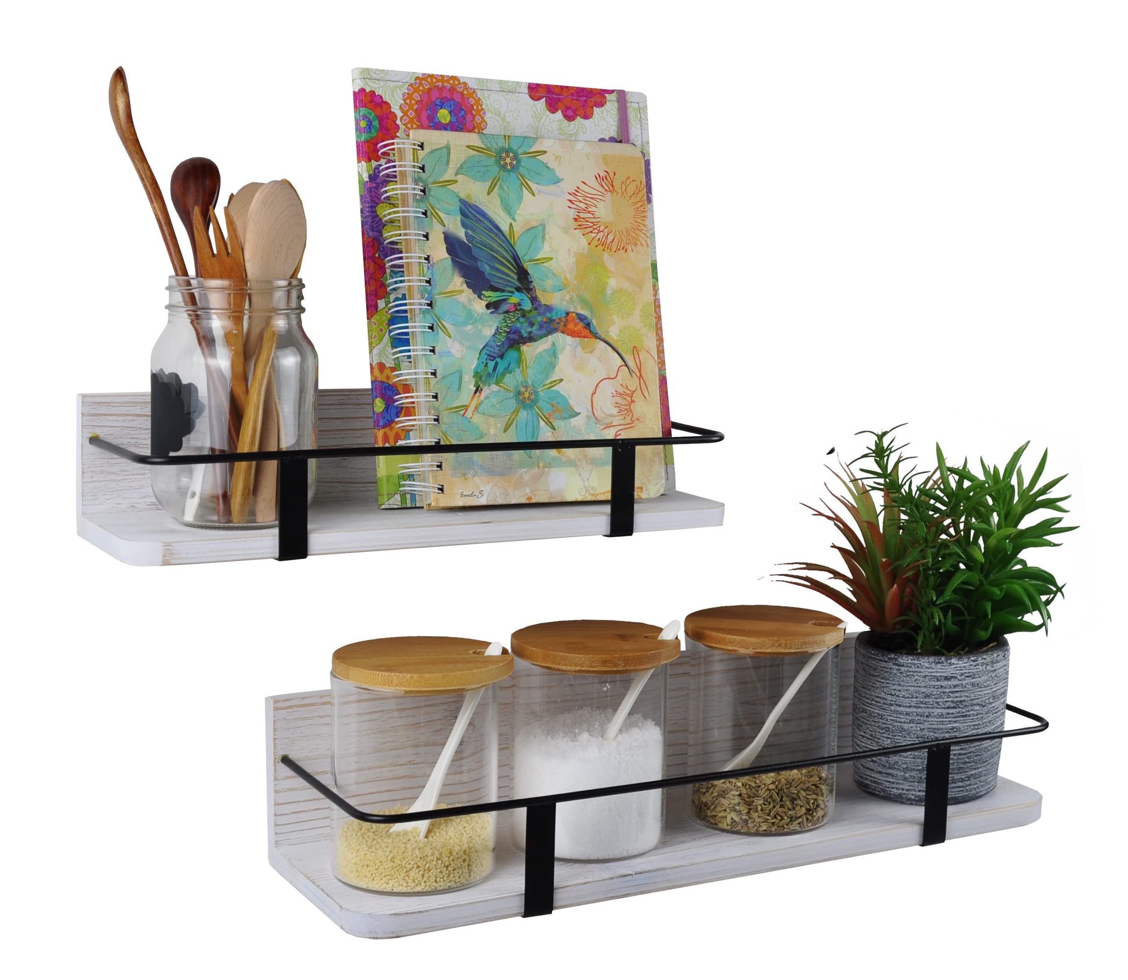 Eitida Decorative Storage Shelves, Wall Mount Wood Floating Shelf Set of 2 for Bedroom, Bathroom, Living room etc. Rustic Grained Wood Display for Closet (Large & Small)_White