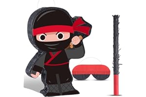 HARRYCLE Ninja Piñata Mini Ninja Halloween Piñata with Blindfold, Bat and Filler for Ninja Birthday Party Decorations, Kids Boys Girls and Adults Game Black Ninja Warrior Birthday Halloween Party Supplies