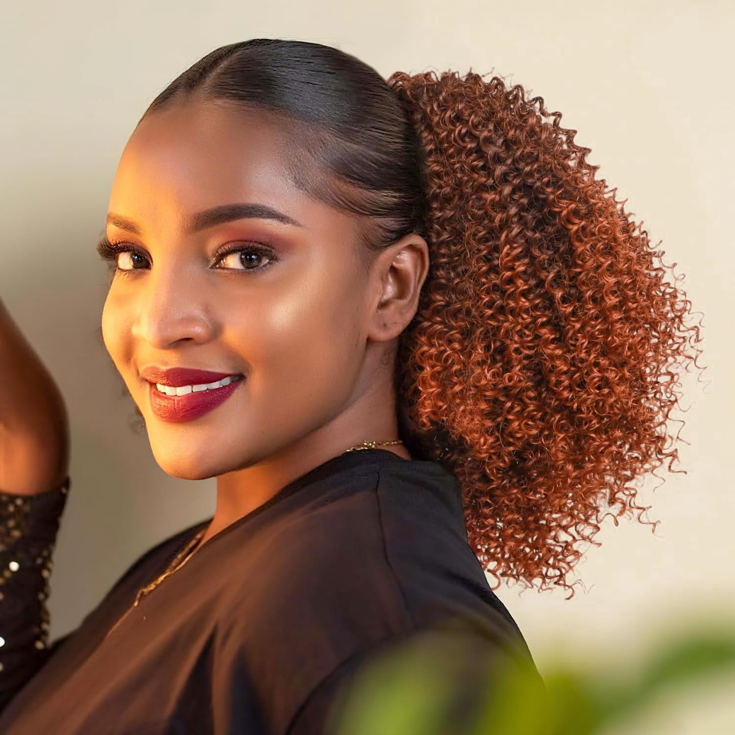Colorfulpanda Ombre Auburn Curly Ponytail Extension 12 Inch Short Kinky Curly Drawstring Ponytail for Women Clip in Synthetic Curly Pony Tails Hair Extensions(Black To Auburn) — image 1