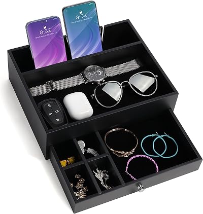 BELLE VOUS Black Valet Tray with Drawer - 7 Compartment Organiser