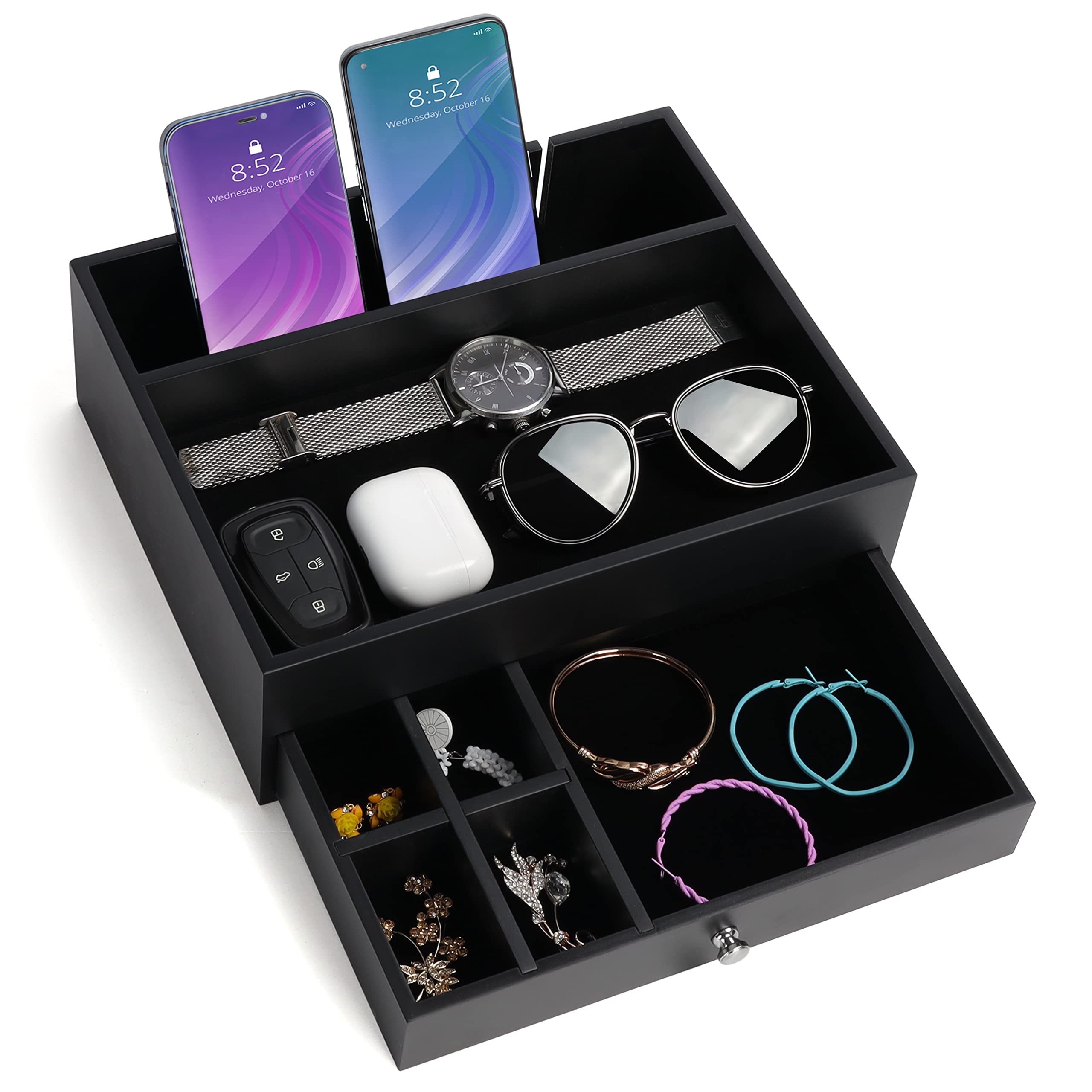 BELLE VOUS Black 7 Compartment Valet Dresser/Nightstand Organiser Tray with Drawer - Desk Storage Box For Wallet, Phone, Keys, Jewellery, Men's Accessories, Money, Cufflinks- Catchall Box for Bedside