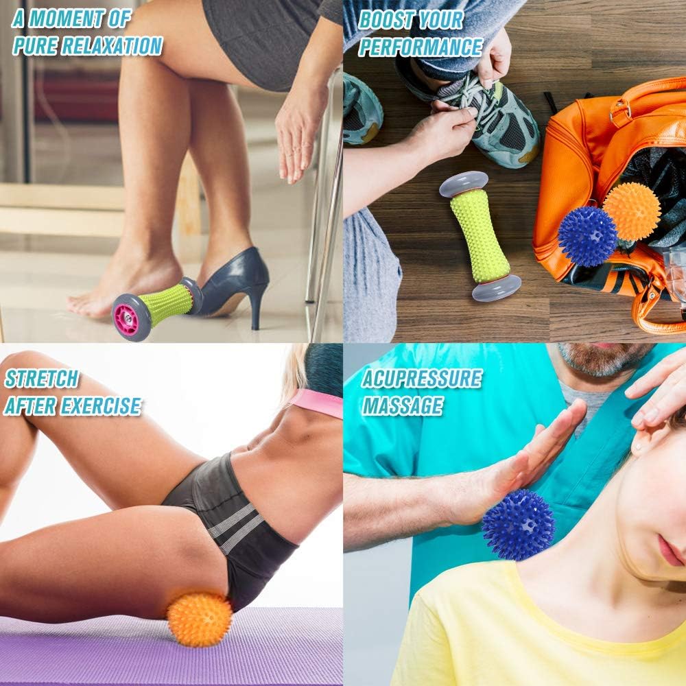 Foot Roller Massage Ball for Relief Plantar Fasciitis and Reflexology Massager for Deep Tissue Acupresssure Recovery for PLA Relax Foot Back Leg Hand Tight Muscle, 1 roller and 2 Spiky Balls: Health & Personal Care