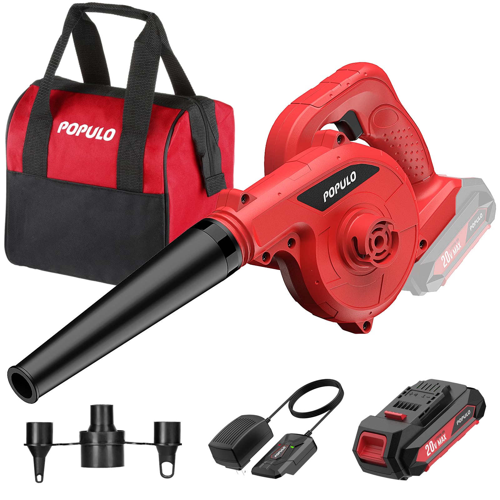 Photo 1 of ***(PARTS ONLY/ MAJOR DAMAGE/ NON FUNCTIONAL)***POPULO 20V Cordless Mini Electric Blower Kit,150mph Wind Speed for Cleaning Workshop,Garage,Inflating Air Mattress,Leaf Blower for Small Patio Areas, Included Battery,Inflating Adaptors and Charger