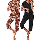 Marvmys Womens 2 Pack Pajama Sets Short Sleeve Pajamas Tops and Capri Pants Pjs Print Lounge Sets with Pockets S-3XL