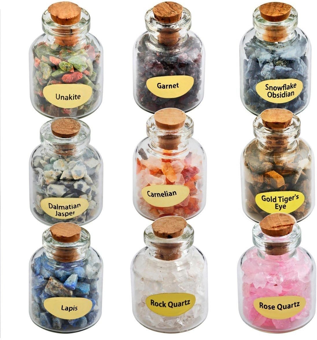 mookaitedecor 9pcs Natural Crushed Crystal Chips Stones Bottles Mini Crystal Wishing Bottles for Reiki Healing Spell Jars Crystals Small Tumbled Stones Healing Crystals Set Crystals Collection