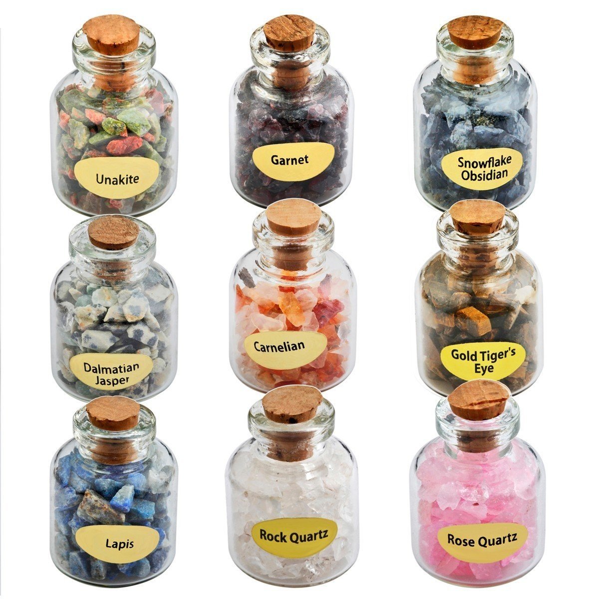 mookaitedecor 9pcs Natural Crushed Crystal Chips Stones Bottles Mini Crystal Wishing Bottles for Reiki Healing Spell Jars Crystals Small Tumbled Stones Healing Crystals Set Crystals Collection