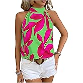 SweatyRocks Women's Boho Printed Halter Top Tie Mock Neck Sleeveless Blouses