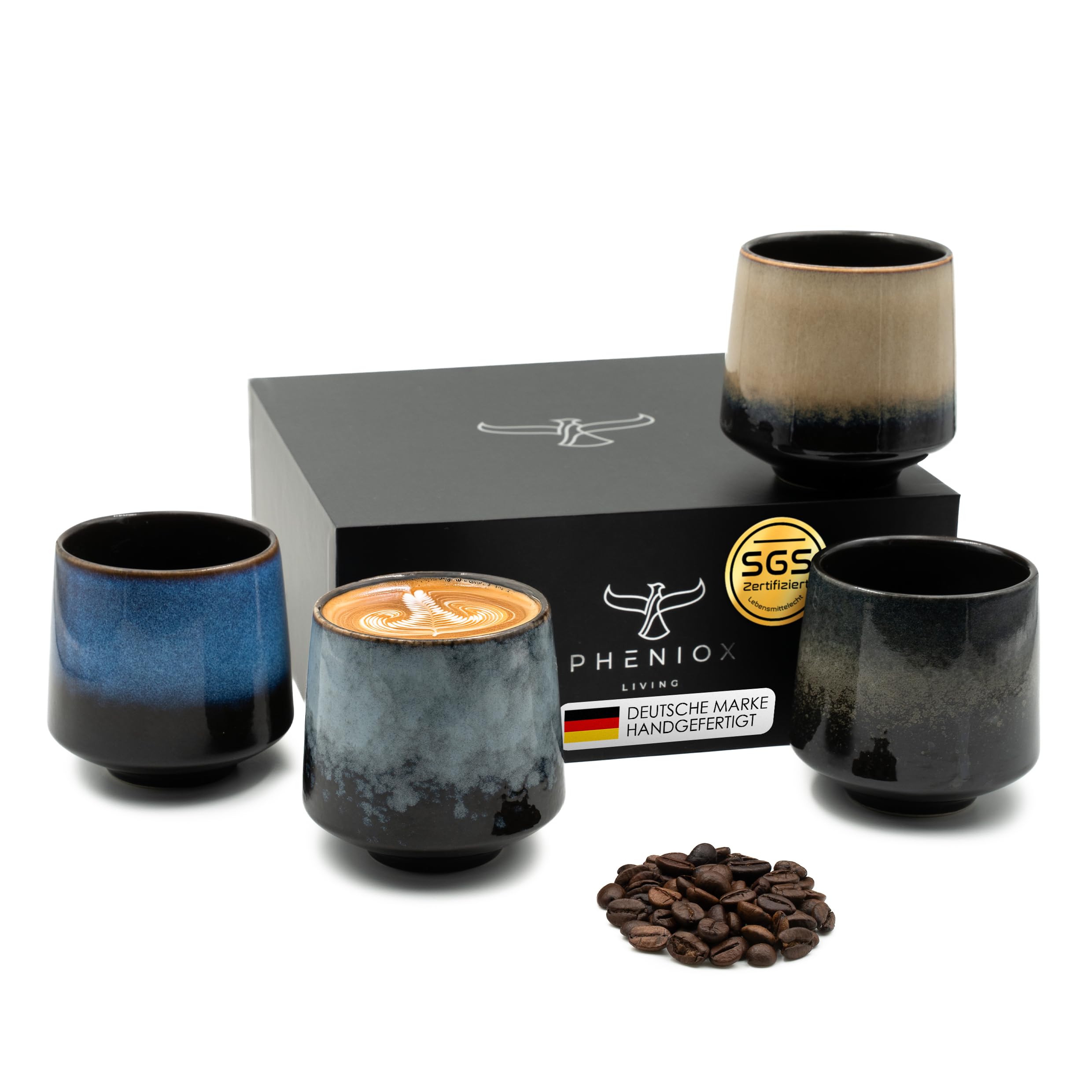 Pheniox Infinity Cappuccino Cups Set, 4 x 220 ml Porcelain, Without Handle, Gift in Modern Design, Dishwasher Safe, Tea