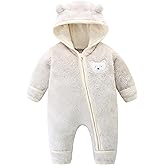 Newborn Baby Fleece Jumpsuit Unisex Infant Bear Hooded Onesie with Mitten Cuffs Winter Warm Snowsuit Outfit