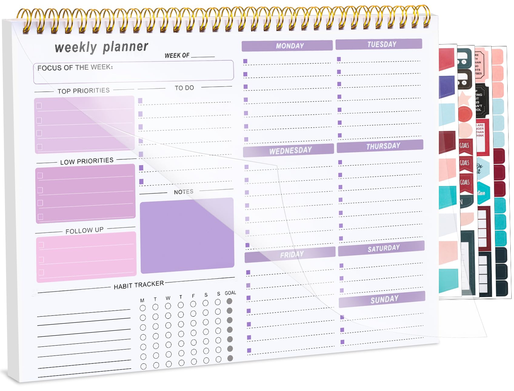 Weekly Planner To Do List Pad, Undated Weekly Planner Notebook 52 Tear off Sheets─To Do List Notebook for Study Work, Includes 4 Sheets of Stickers, 22 X 28 cm-Purple-1 Year of Use