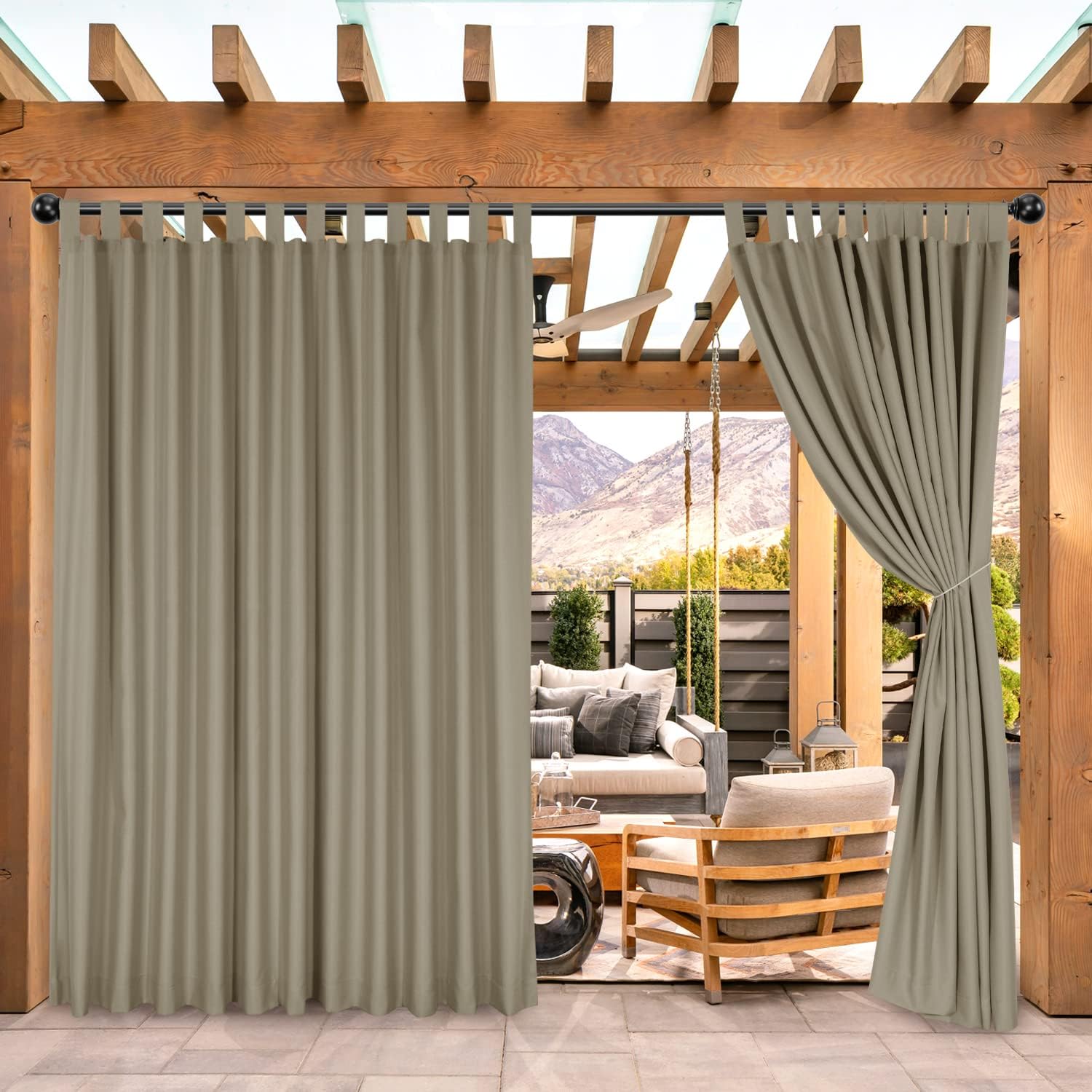 Outdoor Curtains - BONZER Waterproof Outdoor Curtains for Patio Porch Pergola Cabana, Weatherproof Wide Tab Top Outdoor Curtains for Gazebo, Deck, 1 Panel, 100x84 Inch, Taupe