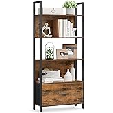 VASAGLE 5-Tier Bookshelf, Book Shelf with Drawer, Industrial Bookcase, with Steel Frame, for Living Room, Home Office, Bedroo