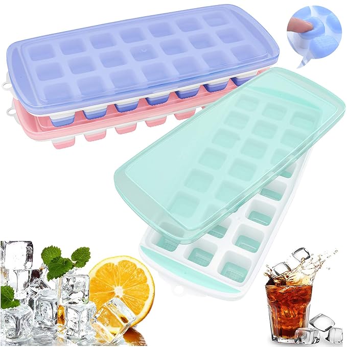 3 Stück Silikon Eiswürfelform mit Deckel, Wiederverwendbare Eiswürfel für den Gefrierschrank perfekten Befüllen des Ice Trays