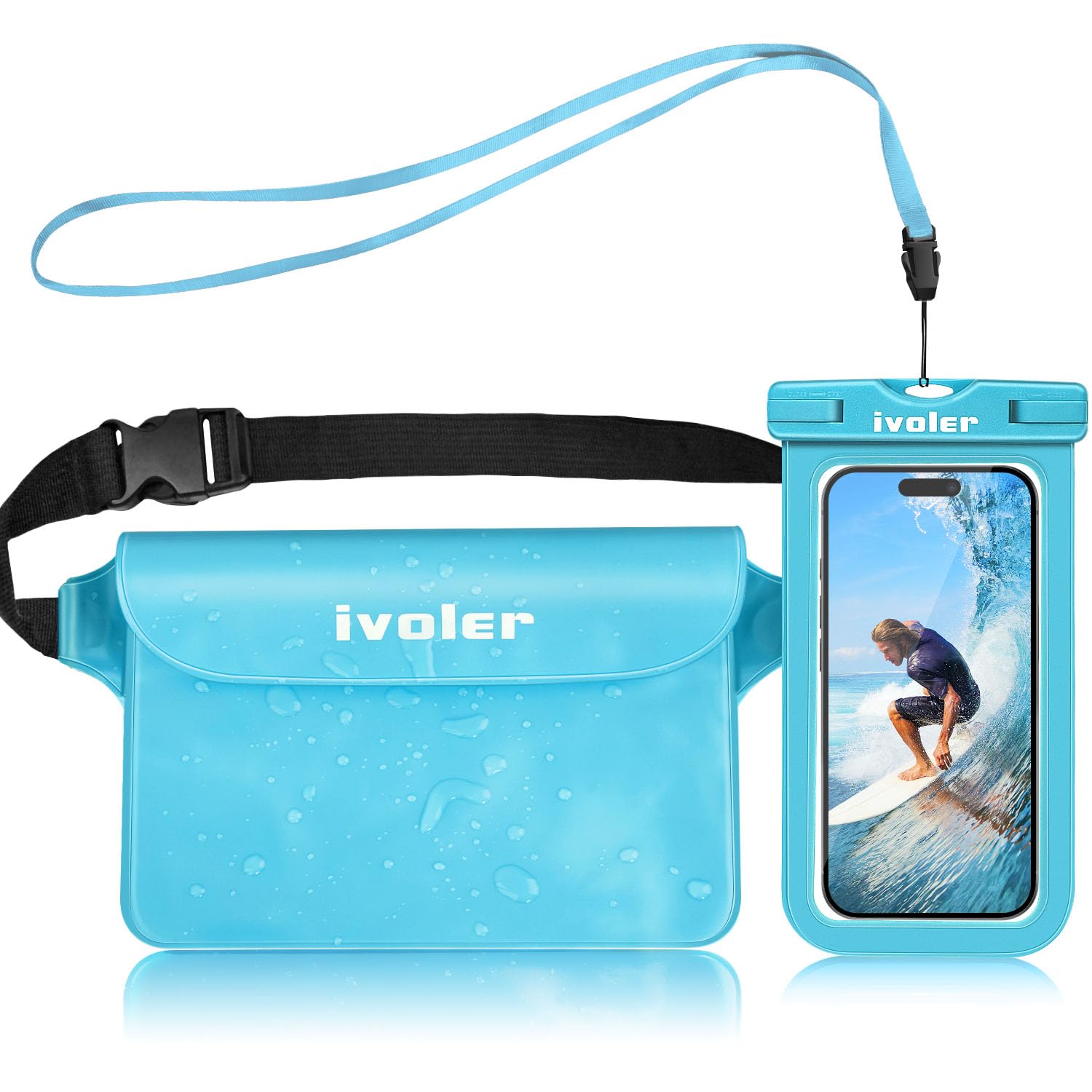 ivoler Waterproof Pouch Bag + Phone Case, Waterproof Case Dry Bag for Beach,Swim,Boating,Kayaking,Hiking,Protect Phone, Camera, Cash, Mp3, Passport, Document From Water, Sand, Snow, Dust - Light Blue — image 1