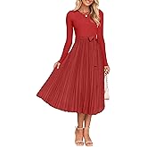 ZESICA Women's Fall Long Sleeve Midi Dress 2025 Casual Crewneck Knit Belted Pleated A Line Flowy Party Dresses