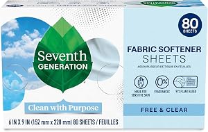 Seventh Generation Dryer Sheets Laundry Fabric Softener, Free & Clear Made for Sensitive Skin, 80 Sheets