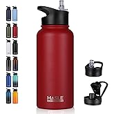 HASLE OUTFITTERS 32 oz Insulated Water Bottle Stainless Steel Double Walled Vacuum Sports Water Bottle with 2 Lids (Straw and Spout Lid) for Gym Camping Hiking(Red,1)
