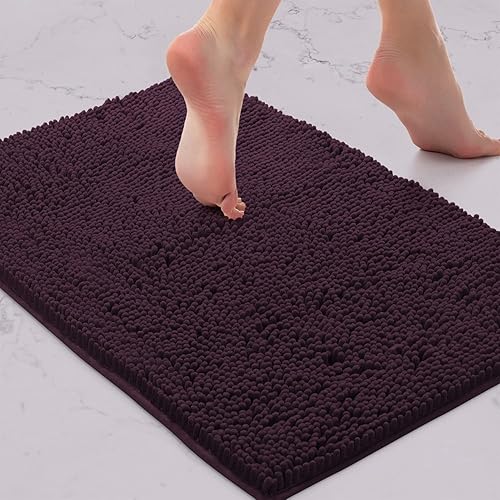 LuxUrux Bath Mat-Extra-Soft Plush Bath Shower Bathroom Rug, 1'' Chenille Microfiber Material, Super Absorbent Shaggy Bath Rug (43 x 60 cm, Plum)