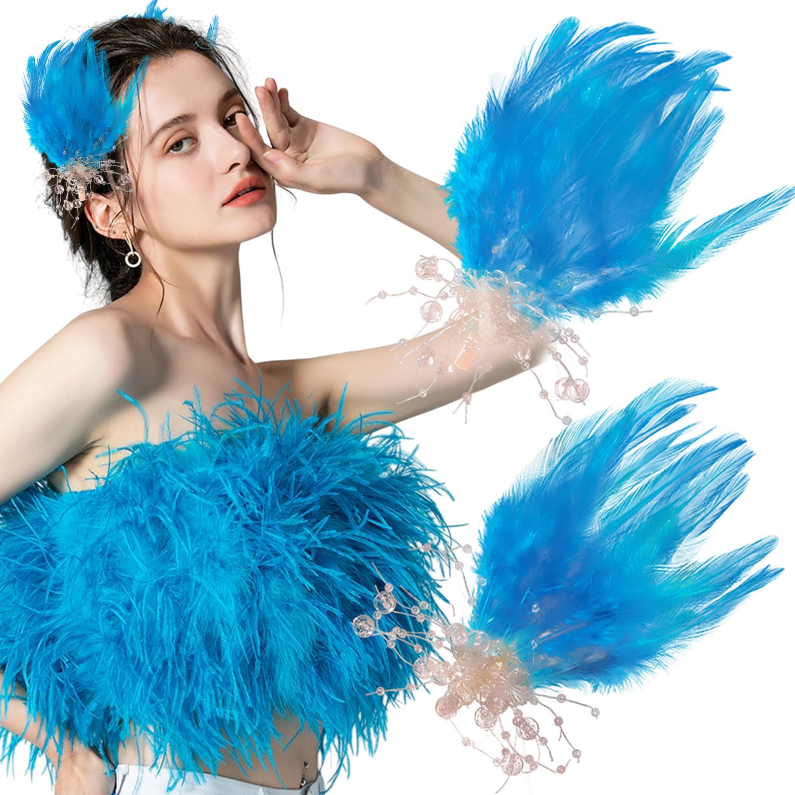 Photo 1 of Feather Hair Clip Ballet Style Ostrich White Swan Feather Pearl Hairpins Hair Accessories for Women Girls Bride Party Halloween Costume Festival Stage Performance Headpiece (Blue)