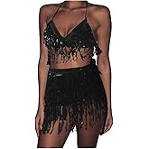 Belly Dance Skirt with Crop Top Sequins Fringe Skirts Set Rave Dance Bra Top Party Costume Outfits for Women and Girls