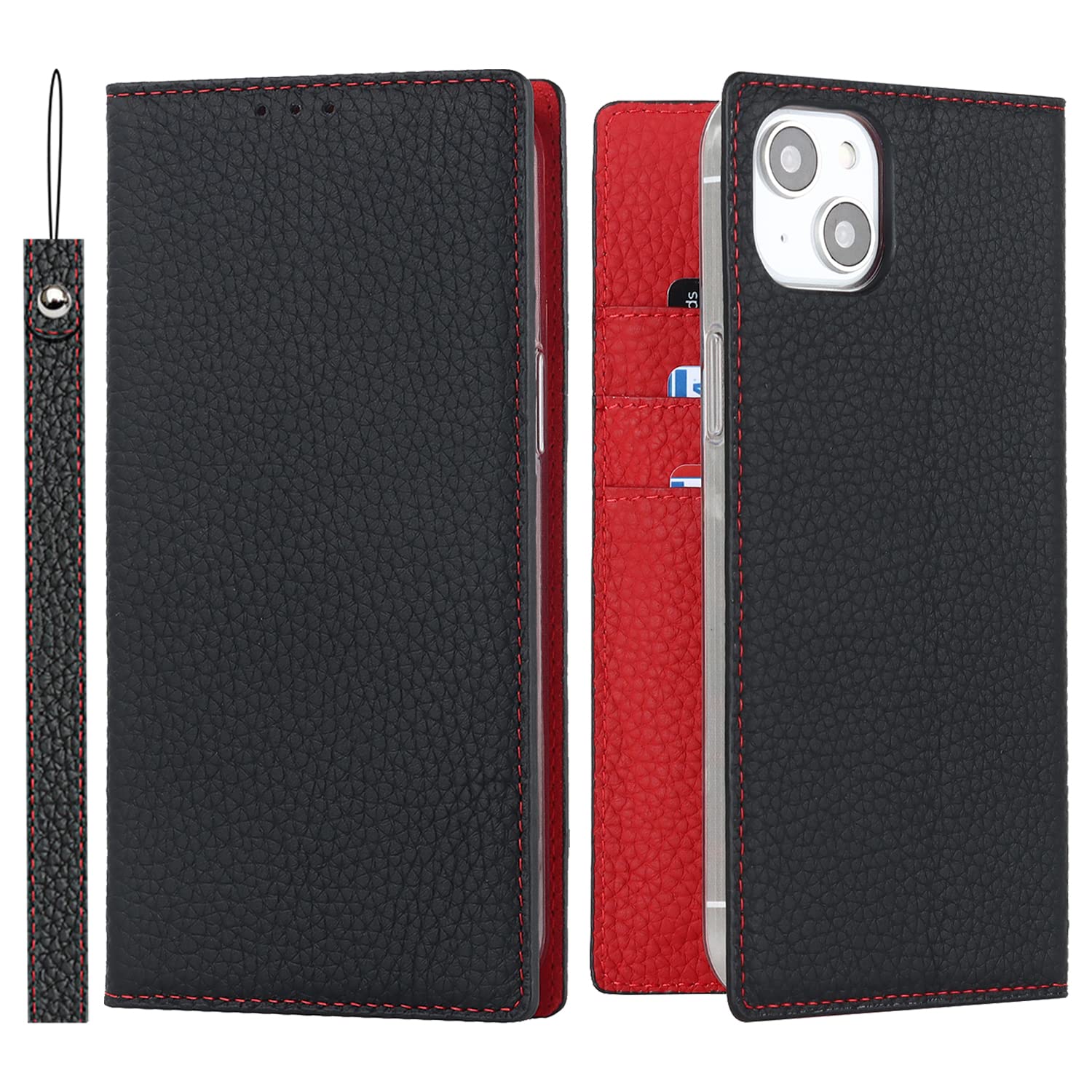 Cavor Phone Case Compatible for iPhone 14 Plus,Genuine Leather Flip Wallet Case,[3 Card Holders][Magnetic Closure][RFID-Blocking][Lanyard],Protective Case Cover for iPhone 14 Plus - Black — image 1