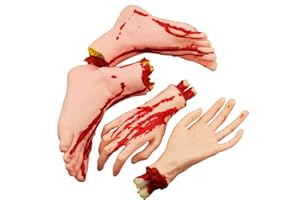 XONOR Halloween Severed Hands Feet Set Scary Bloody Broken Body Parts Halloween Props Decorations, 4 Pieces(Feet & Hands) (Skin Color)